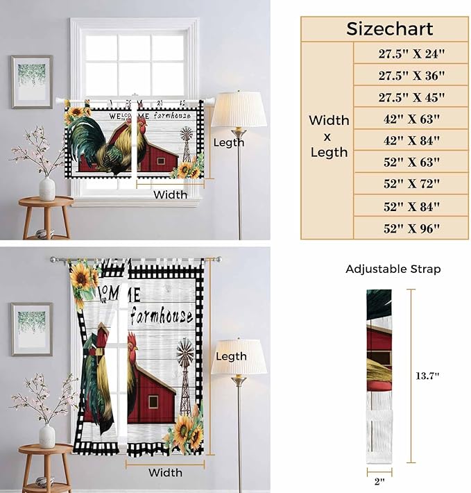 Farmhouse Rooster Bedroom Curtains 72 Inch Length, Window Curtains Tab Top, Rustic Red Barn Windmill Sunflowers Light Filtering Window Treatments Drapes 52"x72" 2 Panel