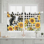 Retro Sunflowers Kitchen Curtains 24 Inch Length, Small Window Curtains Tab Top, Farmhouse Floral Cow Butterfly Black Plaid Light Filtering Short Window Treatments Tier Drapes 27.5"x24" 2 Panel