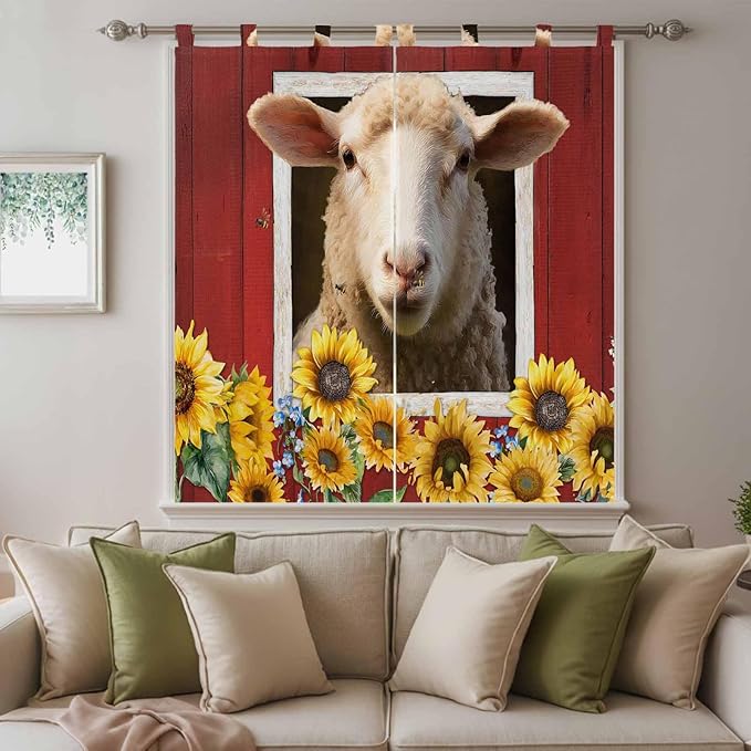 Sheep Sunflower Bedroom Curtains 72 Inch Length, Window Curtains Tab Top, Country Red Farm Barn Spring Flowers Light Filtering Window Treatments Drapes 52"x72" 2 Panel