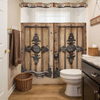 Wood Barn Door No Hook Shower Curtain with Snap in Liner Set, Waterproof Shower Curtains for Bathroom, Wooden Plank Fabric Shower Curtain, See Through Mesh Top Window, 72" W x 78" L