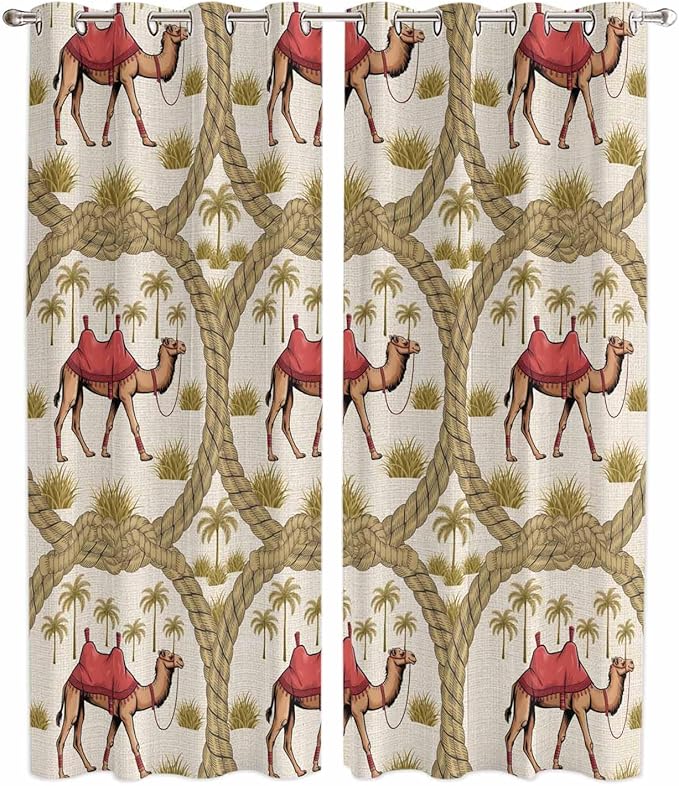 2 Panel Kitchen Cafe Curtains, Camels Palm Trees Sunlight Filtering Nature Air Through, Window Decor Tier Curtains for Living Room 104W x 90L inch Desert Date Coconut Trees Leaves Cords Beige