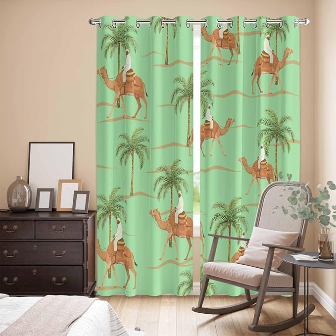 2 Panel Kitchen Cafe Curtains, Desert Camels Sunlight Filtering Nature Air Through, Home Decor Window Covering Tier Curtains for Living Room 104W x 90L inch Tropical Date Palm Trees Animal Green