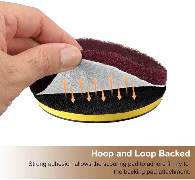 HARFINGTON 24pcs Scrubber Scouring Pads 500 Grits 4 Inch Drill Power Brush Hoop and Loop Surface Conditioning Disc Drill Scuffing Disc Scrub Pads for Home Kitchen Cleaning, Red