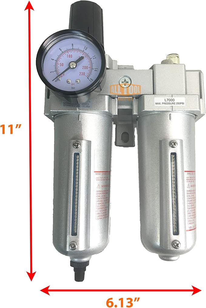 1/2" NPT HEAVY DUTY Compressed Air In Line Filter Regulator Lubricator Oiler Combo Piggyback, Metal Bowl, 5 Micron Element, Adjustable From 7 to 175 PSI (AUTO DRAIN)
