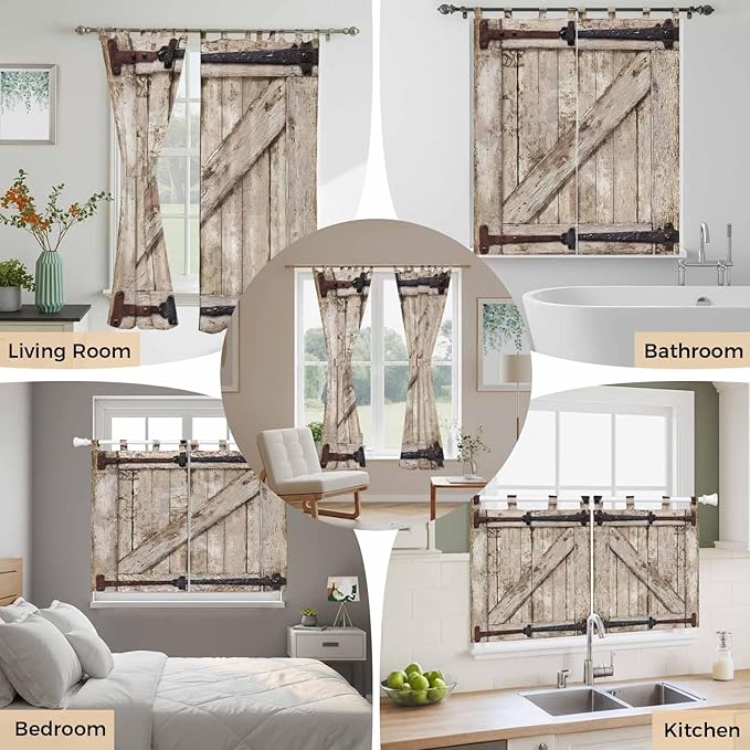 Farmhouse Wood Grain Kitchen Curtains 24 Inch Length, Small Window Curtains Tab Top, Vintage Country Barn Gate Brown Light Filtering Short Window Treatments Tier Drapes 27.5"x24" 2 Panel