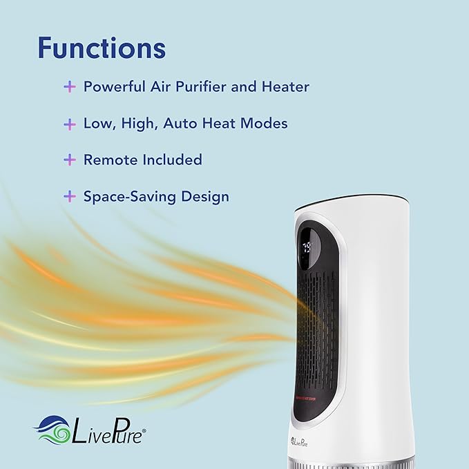 LivePure 3-in-1 LP500 Clean Heat Air Purifier & Electric Heater – Oscillating Portable Heater with 2 Heat Modes and Air Filtration – Heater for Indoor Use in Bedrooms, Home Office & Apartments, White