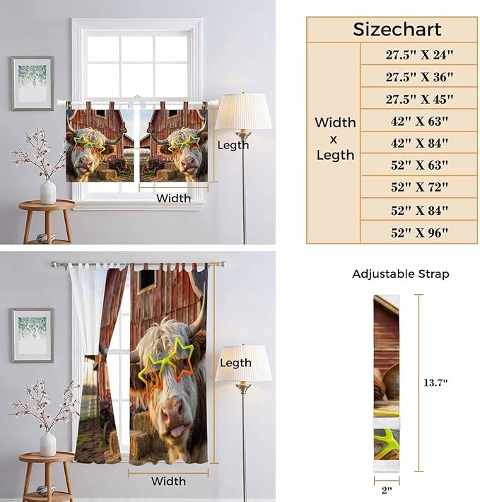 Farm Yaks Kitchen Curtains 36 Inch Length, Small Window Curtains Tab Top, Farmhouse Barn Funny Animals Butterfly Light Filtering Short Window Treatments Tier Drapes 27.5"x36" 2 Panel