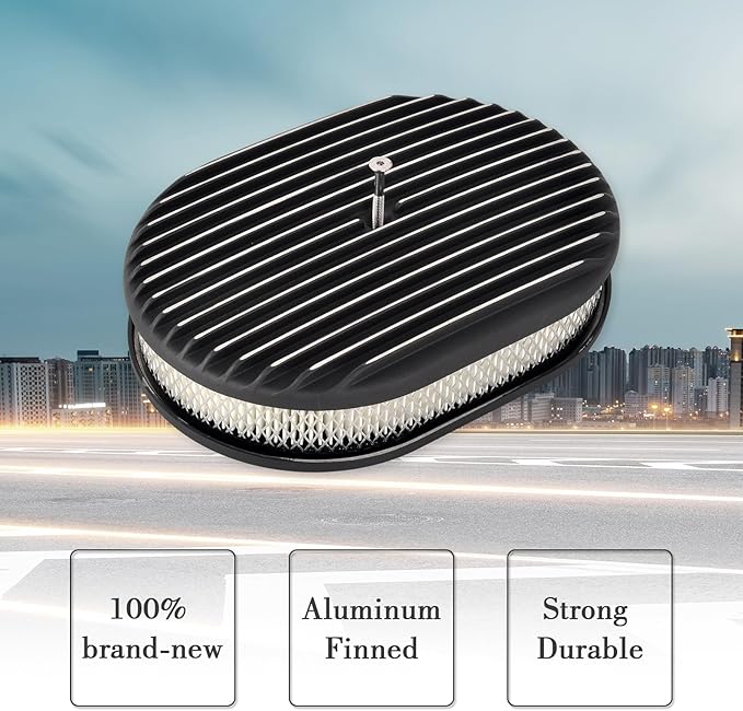 12" Air Cleaner Kit Black Aluminum Oval Full Finned Compatible with Classic Chevy Ford