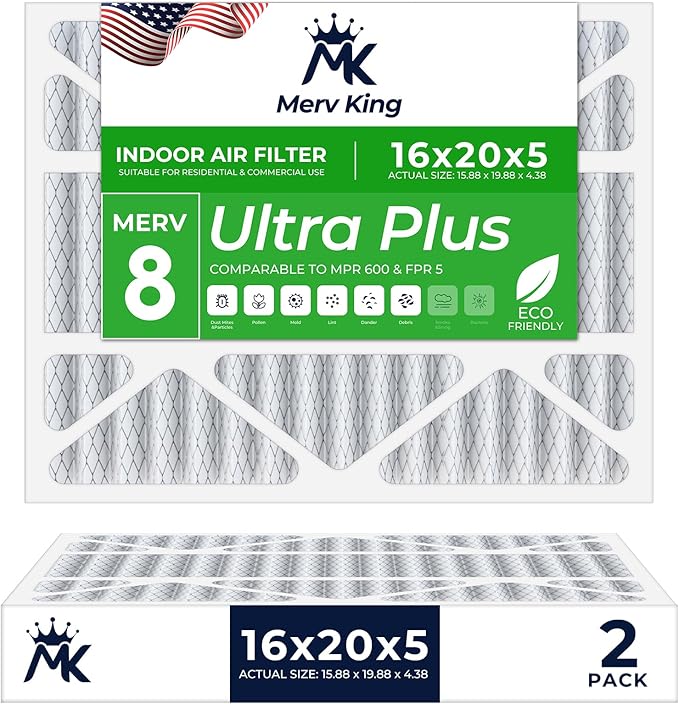 MervKing 16x20x5 Air Filter Actual Size: 15.88" x 19.88" x 4.38" MERV 8 MPR 600-700 | MADE IN USA | 2-Pack | Pleated HVAC AC Furnace Replacement