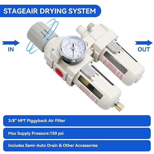 3/8"-Air-Dryer-for-Compressor, Air-Compressed-Filter-Regulator Lubricator Combo Water-Oil Trap Separator, NPT Semi-Auto Drain 0-150PSI