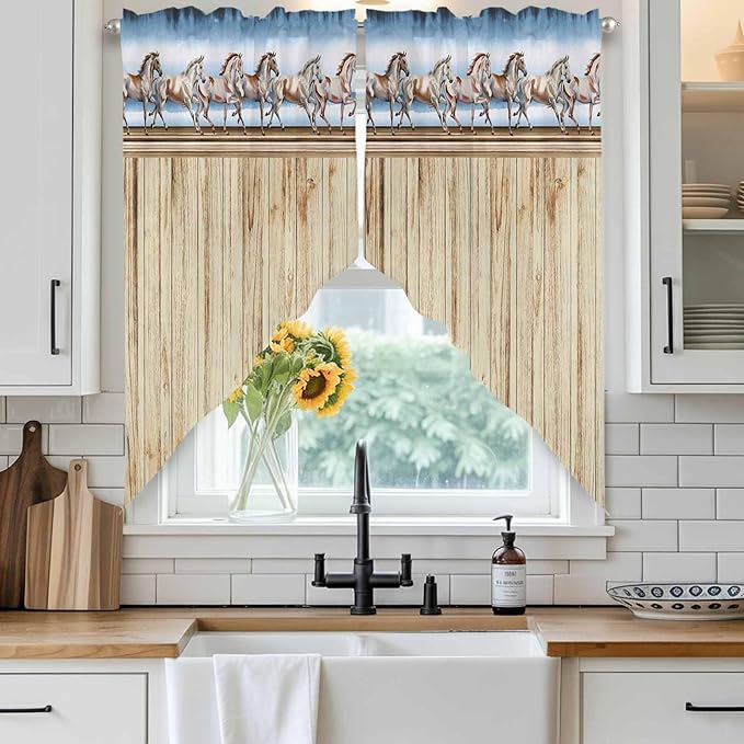 Western Horse Swag Valances for Windows, Farmhouse Wooden Grain Vintage Cowboy Barn Door Rod Pocket Kitchen Curtains Valance, Kitchen Window Curtains Swag for Cafe Living Room, 2 Panels, 36x45 inch