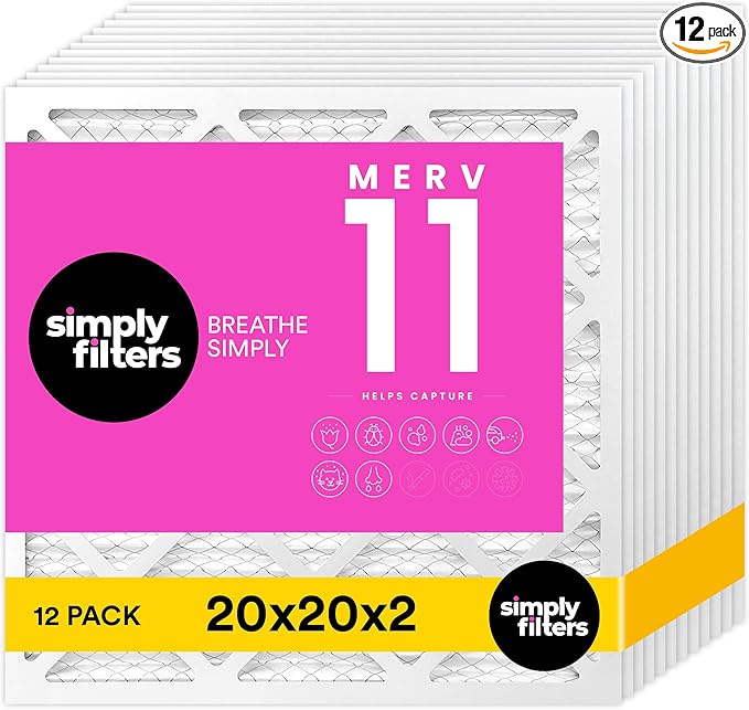 Simply 20x20x2 Air Filter, MERV 11, 12 Pack, Furnace Air Filter for HVAC (Actual Size: 19.5"x19.5"x0.75") DUST, Pet & Allergy Control