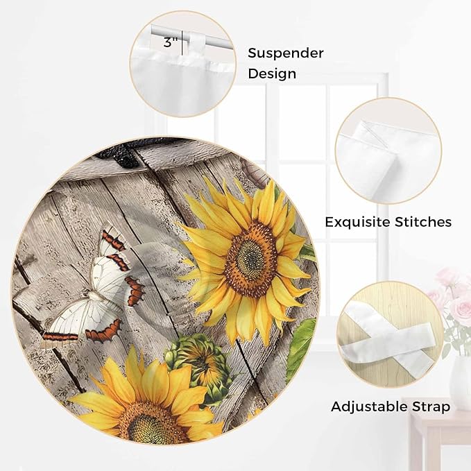 Farmhouse Sunflowers Kitchen Curtains 36 Inch Length, Small Window Curtains Tab Top, Rustic Barn Doors Flowers Butterfly Wooden Light Filtering Short Window Treatments Tier Drapes 27.5"x36" 2 Panel