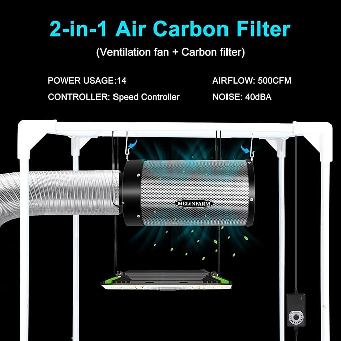 MELONFARM Air Filtration Kit 6", Built-in 14cm Fan Low Nois Carbon Filter with 12-Speed Controller, 8' Ducting, Cooling & Ventilation System for Grow Tents, Indoor Gardening, Hydroponics 6“x13.4"