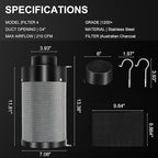 ATOUR 4 Inch Air Carbon Filter with Australian Virgin Charcoal – Odor Control. Built-in 5.5" Quiet Fan with Speed Control, for Inline Duct Fans & Grow Tents. Includes Vent Cover + Pre-Filter 4"x13.4"