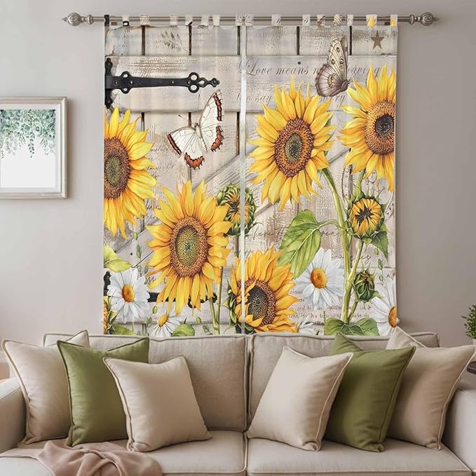 Farm Flowers Living Room Curtains 96 Inch Length, Window Curtains Tab Top, Retro Sunflowers Barn Doors Butterfly Wood Board Light Filtering Window Treatments Drapes 52"x96" 2 Panel