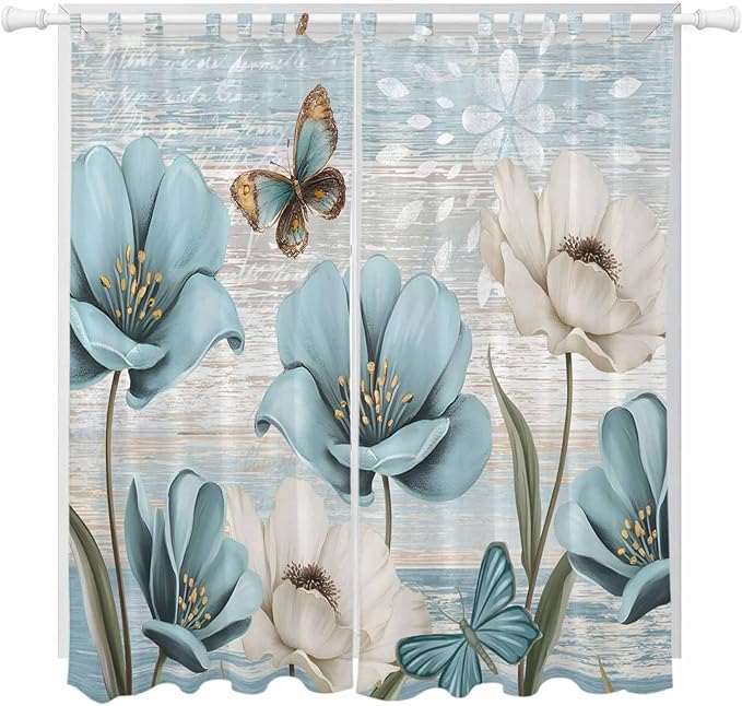 Spring Floral Living Room Curtains 84 Inch Length, Window Curtains Tab Top, Vintage Tulips Flower Butterfly Retro Wood Blue Light Filtering Window Treatments Drapes 52"x84" 2 Panel