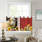 Sheep Flowers Kitchen Curtains 24 Inch Length, Small Window Curtains Tab Top, Country Red Barn Botanical Sunflowers Light Filtering Short Window Treatments Tier Drapes 27.5"x24" 2 Panel