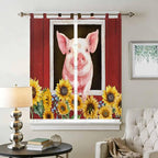 Pigs Sunflowers Bathroom Curtains 63 Inch Length, Window Curtains Tab Top, Farmhouse Red Barn Flowers Animals Light Filtering Window Treatments Drapes 52"x63" 2 Panel