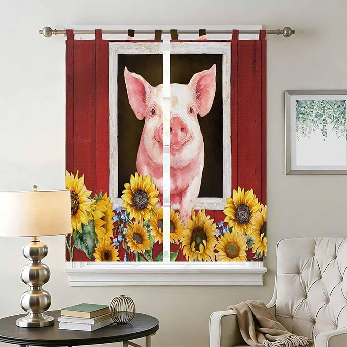 Pigs Sunflowers Bedroom Curtains 72 Inch Length, Window Curtains Tab Top, Farmhouse Red Barn Flowers Animals Light Filtering Window Treatments Drapes 52"x72" 2 Panel