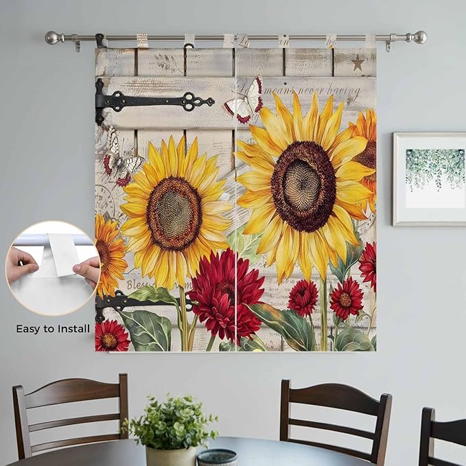 Red Yellow Sunflowers Bedroom Curtains 72 Inch Length, Window Curtains Tab Top, Retro Rustic Barn Doors Butterfly Brown Light Filtering Window Treatments Drapes 52"x72" 2 Panel