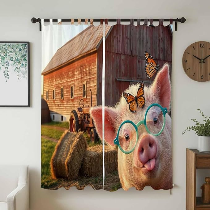 Farm Pig Living Room Curtains 96 Inch Length, Window Curtains Tab Top, Farmhouse Barn Funny Animals Butterfly Light Filtering Window Treatments Drapes 52"x96" 2 Panel