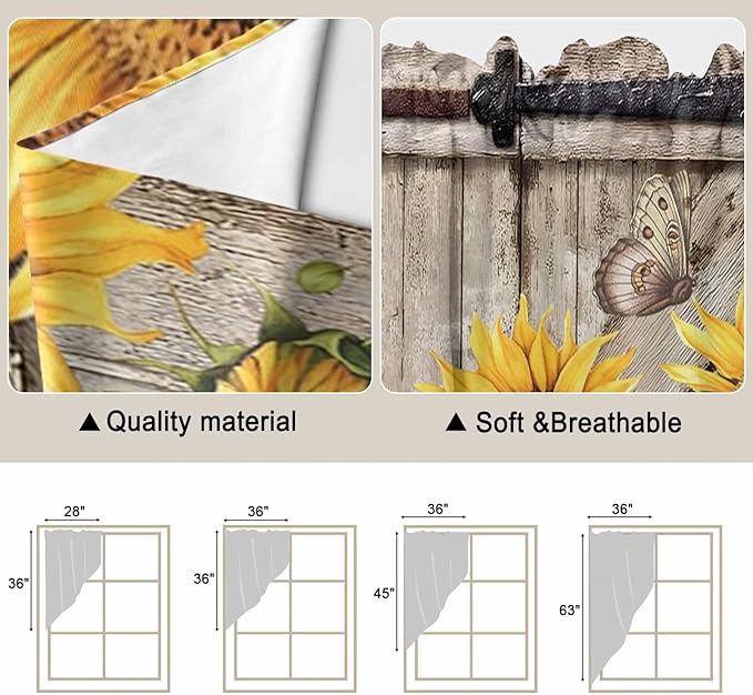 Farmhouse Sunflowers Swag Valances for Windows, Rustic Barn Doors Flowers Butterfly Wooden Rod Pocket Kitchen Curtains Valance, Small Window Curtains Swag for Cafe Living Room, 2 Panels, 36x36 inch