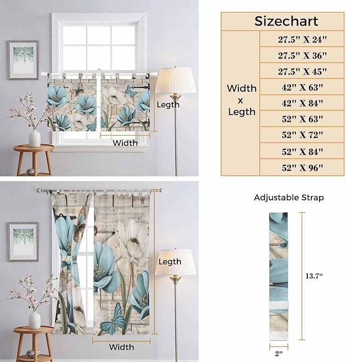 Teal Blue Tulips Kitchen Curtains 36 Inch Length, Small Window Curtains Tab Top, Spring Floral Barn Doors Vintage Wood Beige Light Filtering Short Window Treatments Tier Drapes 27.5"x36" 2 Panel