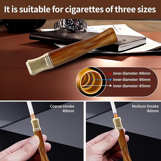Cigarette Filters Brown Cow Horn Pattern Reusable Clean Tar Tobacco Filter with Multi-Filtering for Standard Size Cigarettes Ø8mm,Slim Cigarettes Ø5mm