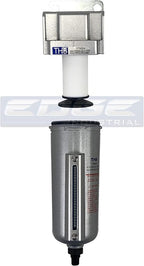 HEAVY DUTY INDUSTRIAL RATED HIGH FLOW PARTICULATE FILTER, IN-LINE WATER TRAP FOR COMPRESSED AIR LINE SYSTEMS, 5 MICRON WITH METAL BOWL AND AUTO DRAIN (1/2" NPT, 5oz)