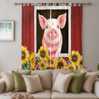 Pigs Sunflowers Living Room Curtains 84 Inch Length, Window Curtains Tab Top, Farmhouse Red Barn Flowers Animals Light Filtering Window Treatments Drapes 52"x84" 2 Panel