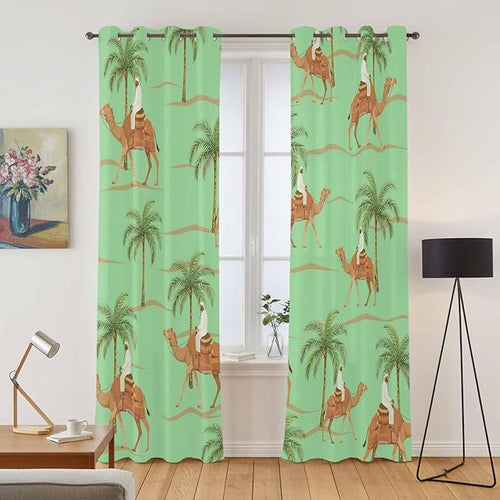 2 Panel Kitchen Cafe Curtains, Desert Camels Sunlight Filtering Nature Air Through, Home Decor Window Covering Tier Curtains for Living Room 80W x 84L inch Tropical Date Palm Trees Animal Green