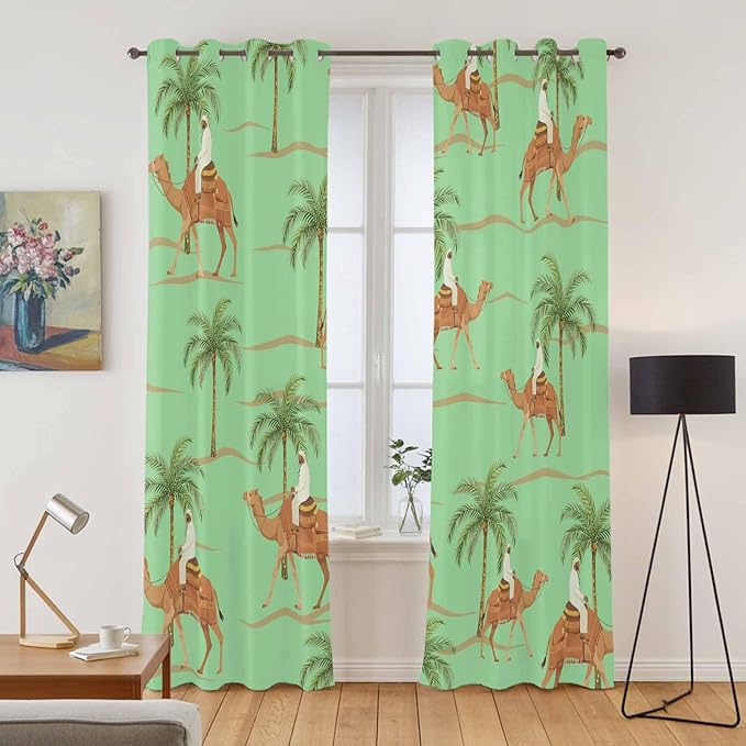 2 Panel Kitchen Cafe Curtains, Desert Camels Sunlight Filtering Nature Air Through, Home Decor Window Covering Tier Curtains for Living Room 104W x 90L inch Tropical Date Palm Trees Animal Green