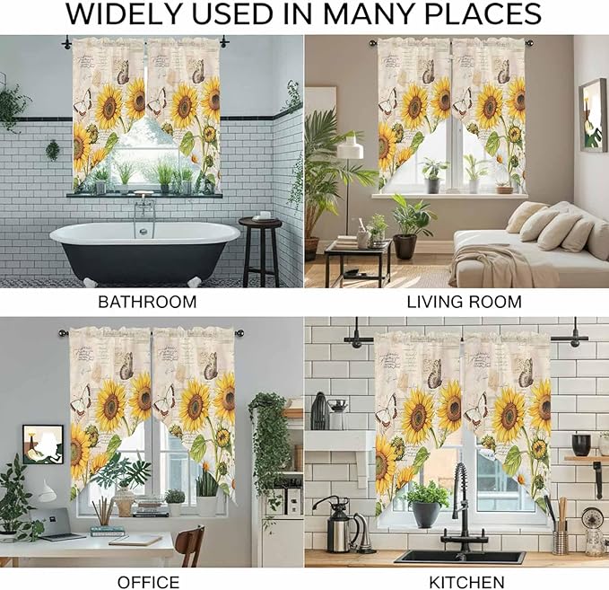 Yellow Sunflowers Swag Valances for Windows, Country Farm Butterfly Flower Light Beige Rod Pocket Kitchen Curtains Valance, Small Window Curtains Swag for Cafe Living Room, 2 Panels, 28x36 inch