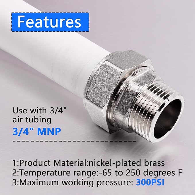 Straight Air Piping Fittings,3/4"Piping x 3/4"Male NPT Threads Adapter Fittings,Nickel Plated Brass For Garage Shop Compressed Air Line Piping System 2 Pack