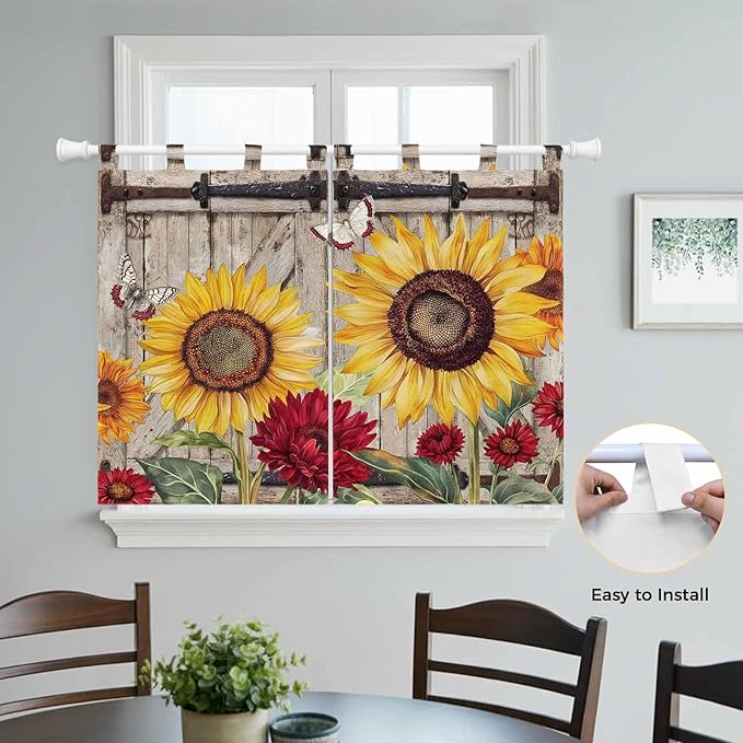 Sunflowers Kitchen Curtains 45 Inch Length, Short Cafe Window Curtains Tab Top, Retro Flower Barn Doors Butterfly Farmhouse Brown Light Filtering Window Treatments Tier Drapes 27.5"x45" 2 Panel