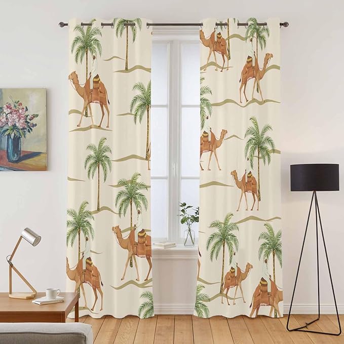 2 Panel Kitchen Cafe Curtains, Date Coconut Tree Sunlight Filtering Nature Air Through, Home Decor Window Covering Tier Curtains for Living Room 104W x 90L inch Desert Camels Botanical Tropical Beige
