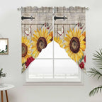Red Yellow Sunflowers Swag Valances for Windows, Retro Rustic Barn Doors Butterfly Brown Rod Pocket Kitchen Curtains Valance, Kitchen Window Curtains Swag for Cafe Living Room, 2 Panels, 36x63 inch