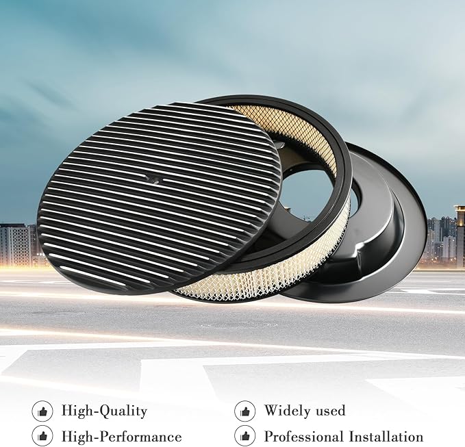 14 x 3 Inch Round Black Air Cleaner Kit Fully Finned Top with Flat Style Base Compatible with Chevy Ford GM