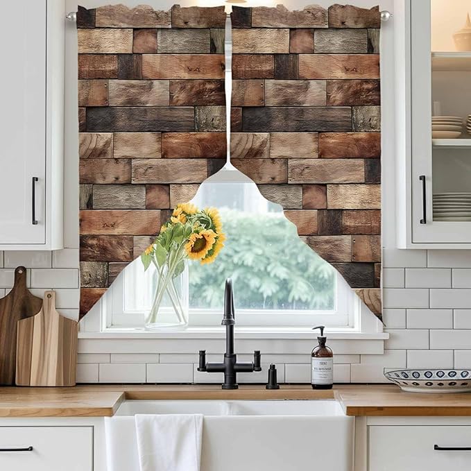 Western Barn Door Swag Valances for Windows, Vintage Farmhouses Wooden Door Brown Rod Pocket Kitchen Curtains Valance, Small Window Curtains Swag for Cafe Bathroom Living Room, 2 Panels, 28x36 inch
