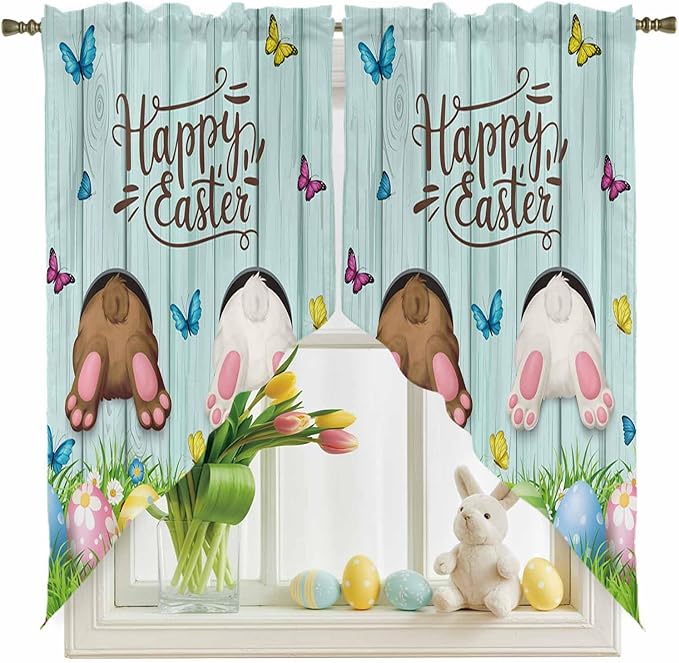 Swag Curtain Valances for Kitchen Windows,Happy Easter Bunny Butt Egg Floral Short Rod Pocket Window Valance,Spring Plant on Aqua Wood Swag Topper for Bedroom Living Room,2 Panels 28x36in