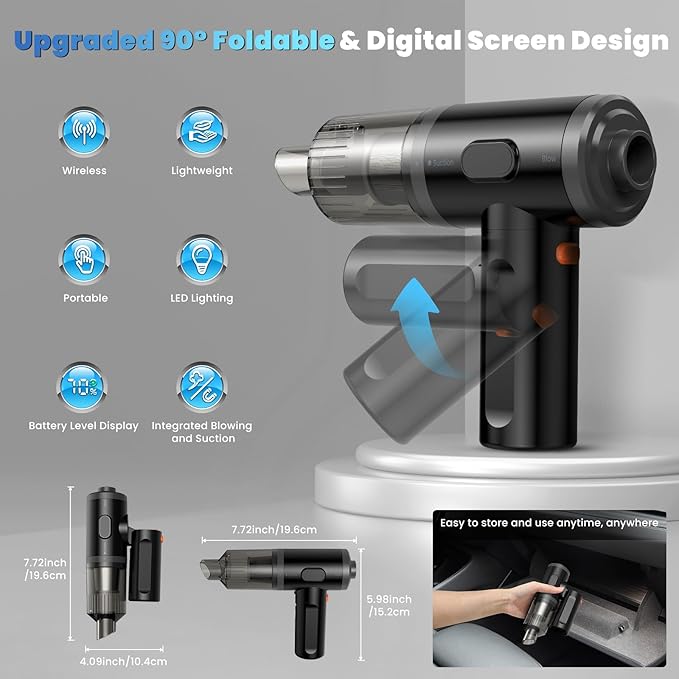 Handheld Vacuums Cleaner Equipped with Digital Display Portable Air Blower Car Vacuum 11000PA High Power Foldable 2in1 Brushless Motor Cordless Duster