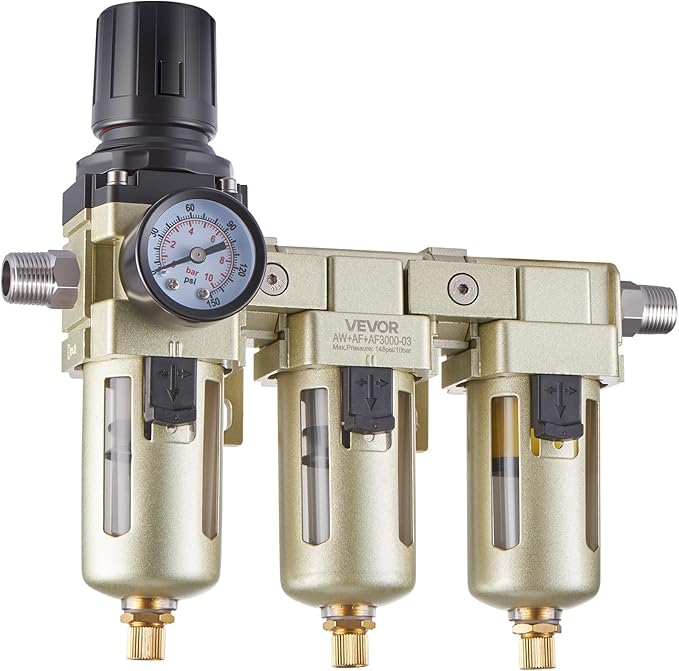 VEVOR Air Compressor Filter Regulator, 3/8" NPT 3-Stage Air Compressor Water Separator with 5μm/1μm/0.01μm Micron Filter Elements, Semi Auto Drain Air-Drying System 145PSI Max Pressure, Poly Bowl