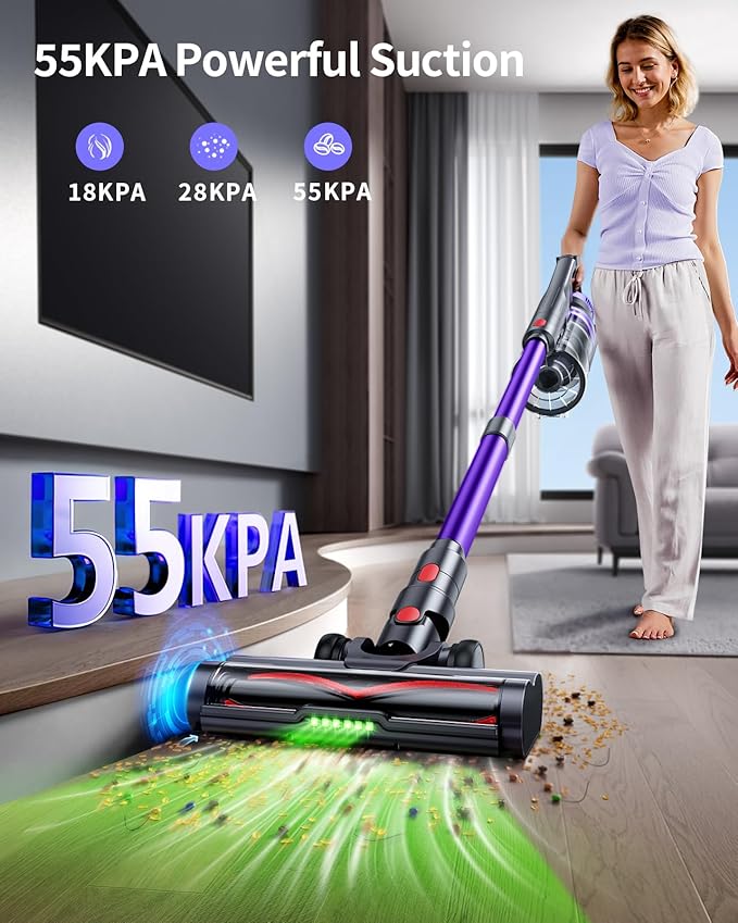 Cordless Vacuum Cleaner 650W 55KPA Powerful Suction 70 Mins Stick Handheld Vacuum Cleaners Green LED Anti-Tangle Brush Aromatherapy 1.8L Dust Cup One-Touch Empty for Carpet/Hardwood/Pet Hair/Car/Stair