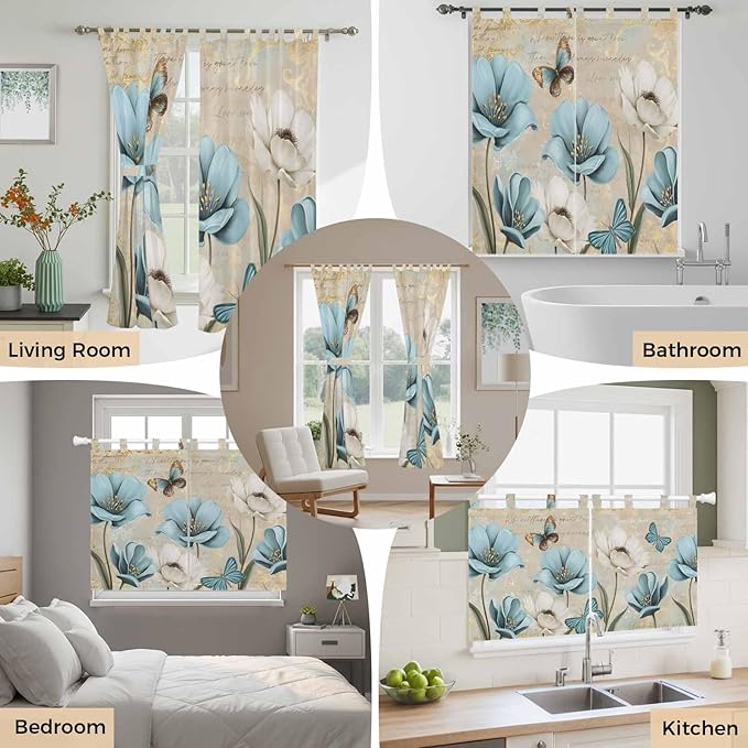 Spring Flowers Living Room Curtains 84 Inch Length, Window Curtains Tab Top, Vintage Rustic Tulips Floral Butterfly Khaki Light Filtering Window Treatments Drapes 52"x84" 2 Panel