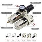SNS 1/2" NPT Compressed Air Filter Regulator Lubricator Two Units Combo FRL Water/Oil Trap Separator, Semi-auto Drain, 5 Micron Brass Filter, Gauge and Bracket, Poly Bowl with Metal Guard AC4010-N04A