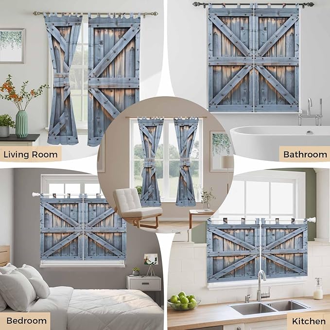 Farmhouse Wood Grain Bathroom Curtains 63 Inch Length, Window Curtains Tab Top, Vintage Country Barn Gate Textured Light Filtering Window Treatments Drapes 52"x63" 2 Panel