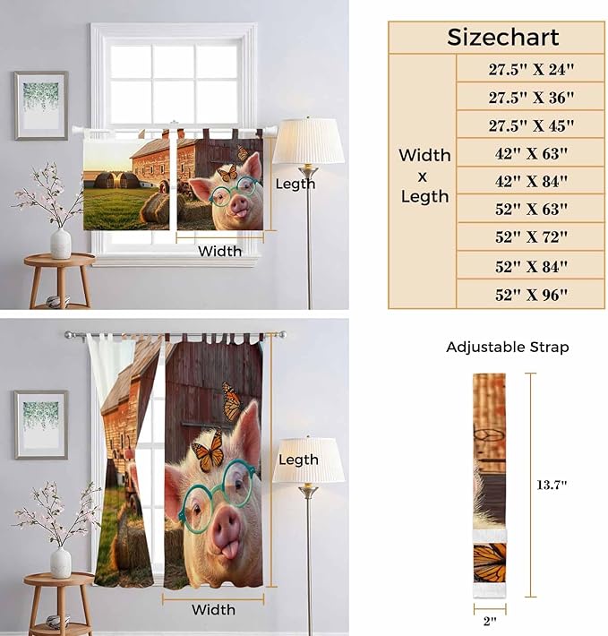 Farm Pig Bedroom Curtains 72 Inch Length, Window Curtains Tab Top, Farmhouse Barn Funny Animals Butterfly Light Filtering Window Treatments Drapes 52"x72" 2 Panel