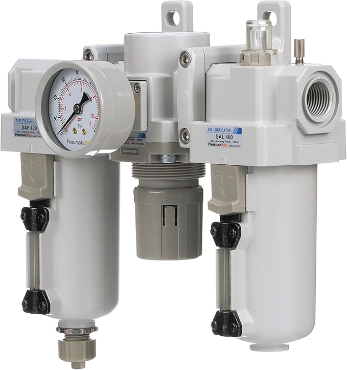 PneumaticPlus SAU400-N06G-MEP Compressed Air Filter Regulator Lubricator Combo 3/4" NPT - Metal Bowl, Manual Drain, Bracket, Gauge