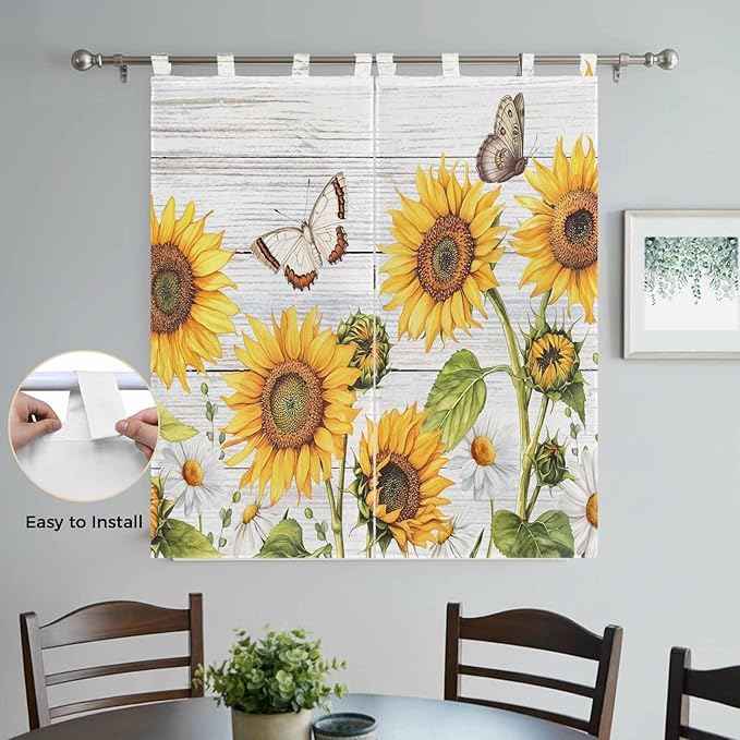 Yellow Sunflowers Bathroom Curtains 63 Inch Length, Window Curtains Tab Top, Vintage Country Flowers Butterfly Wood Board Light Filtering Window Treatments Drapes 52"x63" 2 Panel